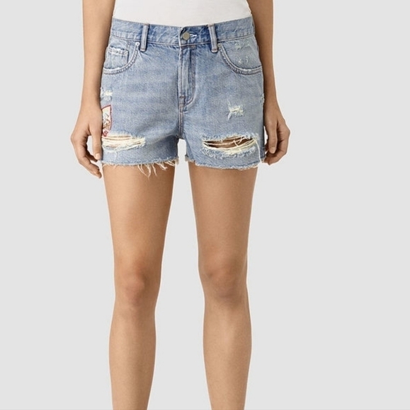 All Saints Kate High Waist Distressed Cut Off Patch Denim Shorts Size 26 - Picture 2 of 14